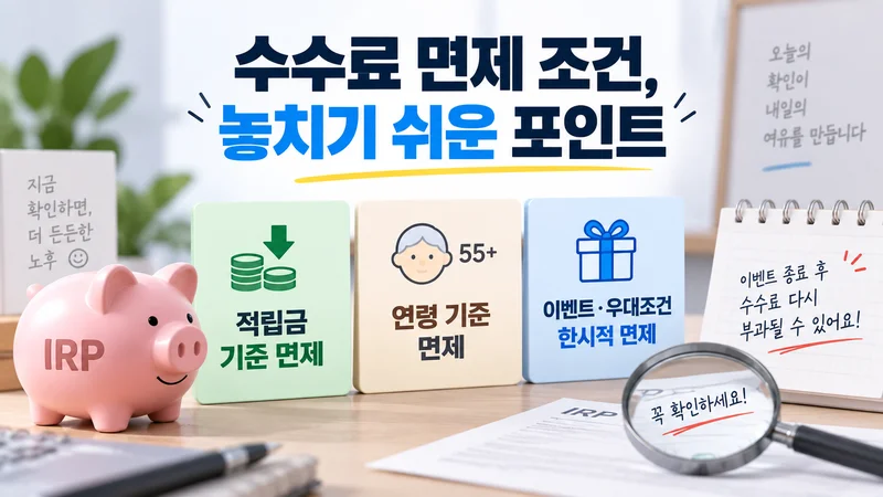 IRP 수수료 면제 시 적립금과 연령 기준, 이벤트·우대조건 및 이벤트 종료 후 수수료 재부과 가능성을 확인하는 이미지