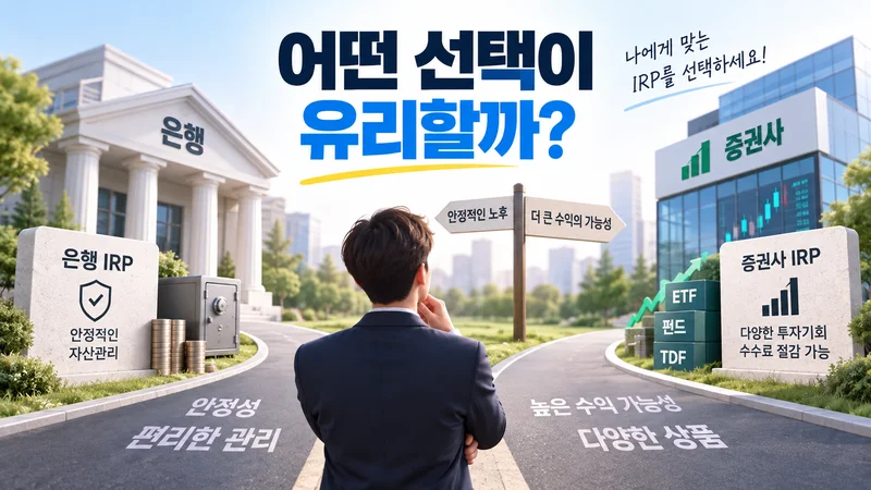 은행 IRP의 안정성과 편리한 관리, 증권사 IRP의 다양한 투자상품과 높은 수익 가능성 사이에서 자신에게 맞는 선택을 고민하는 이미지