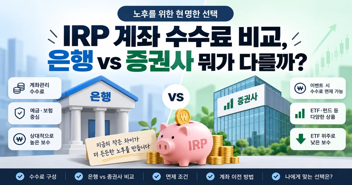 은행과 증권사 IRP 계좌의 수수료 구조를 비교하는 저울과 퇴직연금 상징 일러스트