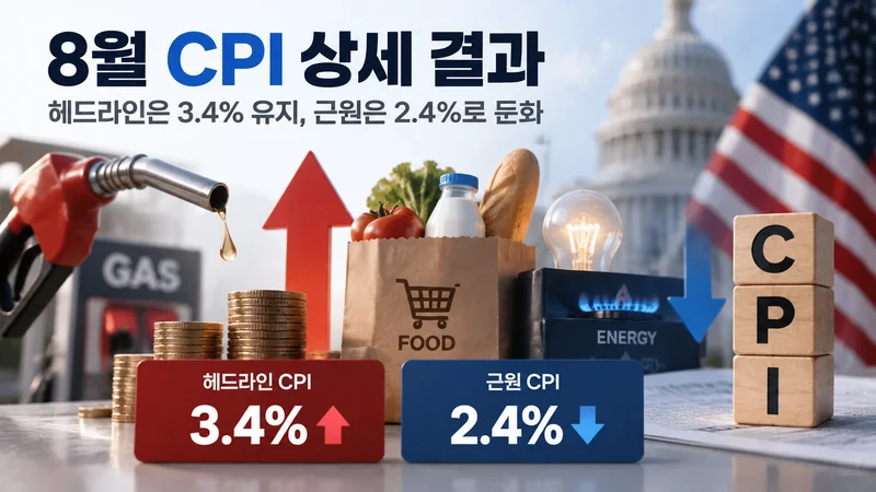 가솔린 가격 상승과 근원 CPI 둔화를 대비해 2026년 8월 소비자물가 상세 결과를 표현한 금융 뉴스 이미지