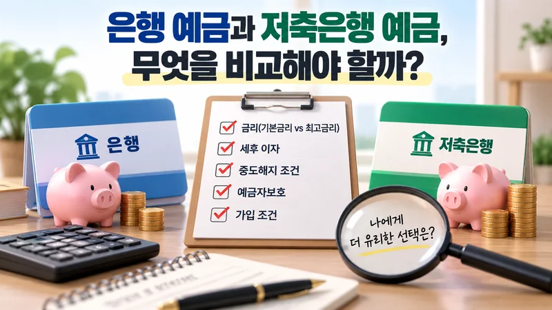 은행 예금과 저축은행 예금을 기본금리·최고금리, 세후 이자, 중도해지 조건, 예금자보호, 가입 조건으로 비교하는 이미지