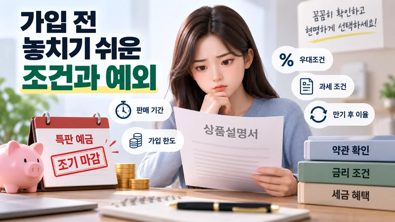 특판 예금 가입 전 판매 기간과 가입 한도, 우대·과세 조건, 만기 후 이율 등 놓치기 쉬운 조건을 확인하는 이미지