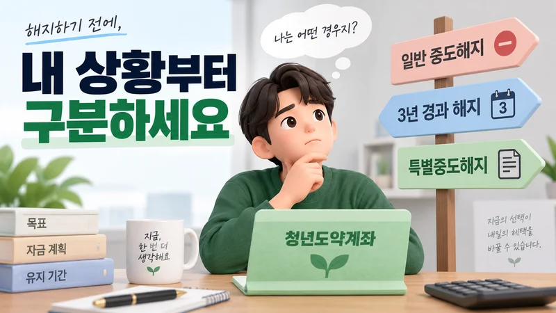 청년도약계좌를 해지하기 전 일반 중도해지·3년 경과 해지·특별중도해지 중 자신의 상황을 구분하는 모습