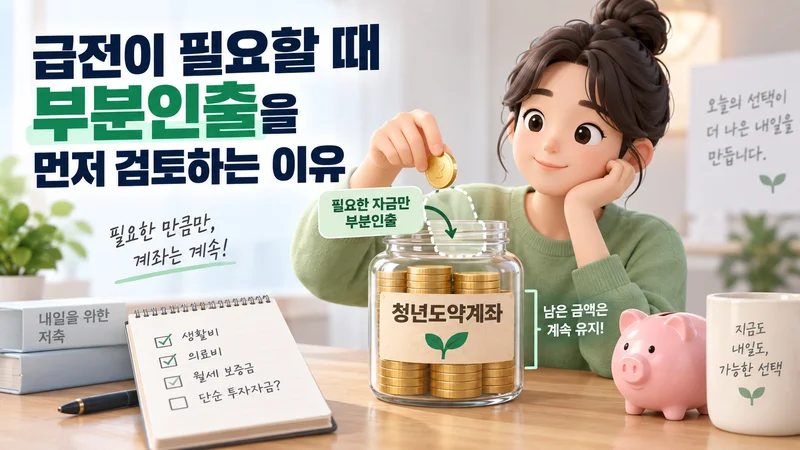 급전이 필요할 때 청년도약계좌를 유지하면서 필요한 자금만 부분인출하는 방법을 표현한 이미지