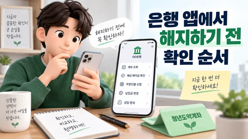 청년도약계좌 해지 전 은행 앱에서 예상 해지금과 부분인출 등 대안을 확인하는 모습을 표현한 이미지