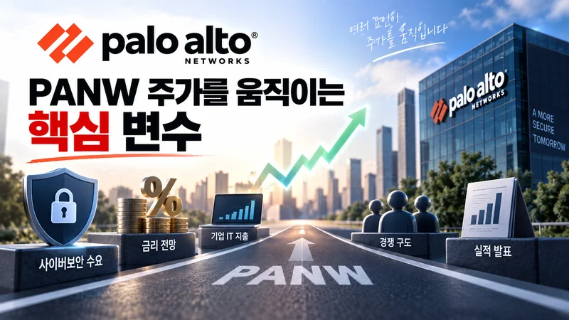 사이버보안 수요와 금리 전망, 기업 IT 지출, 경쟁 구도, 실적 발표가 PANW 주가에 영향을 주는 모습을 표현한 이미지