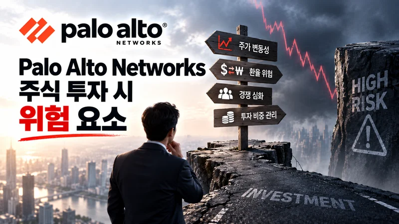 Palo Alto Networks 주식 투자 시 주가 변동성, 환율 위험, 경쟁 심화, 투자 비중 관리 등 주요 위험 요소를 표현한 이미지