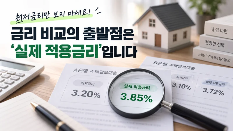 주택담보대출의 최저금리와 실제 적용금리가 다를 수 있음을 은행별 대출 서류와 돋보기로 비교하는 이미지