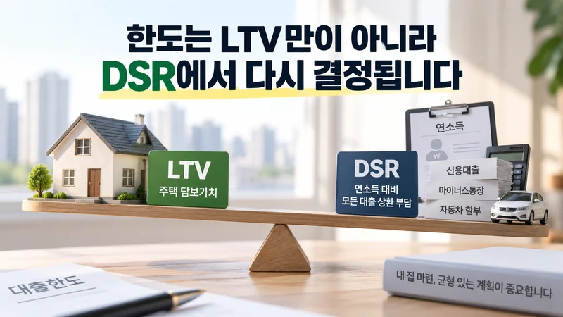 주택담보대출 한도가 주택 담보가치인 LTV뿐 아니라 소득과 기존 부채를 반영한 DSR에 따라 달라지는 모습을 저울로 표현한 이미지