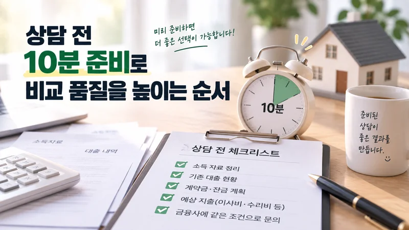 주택담보대출 상담 전 소득과 기존 대출, 자금 계획 등을 10분 동안 미리 정리하는 체크리스트와 시계를 보여주는 이미지