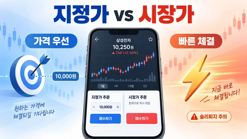 지정가는 원하는 가격을 정해 주문하고 시장가는 빠른 체결을 우선한다는 차이를 목표판과 번개 아이콘으로 표현한 이미지