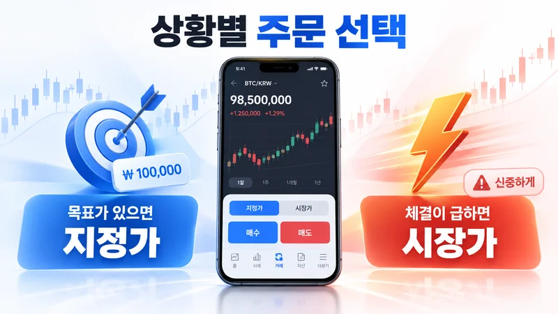 목표 가격이 있으면 지정가를, 즉시 체결이 필요하면 시장가를 고려하는 상황별 주문 선택 기준을 표현한 이미지
