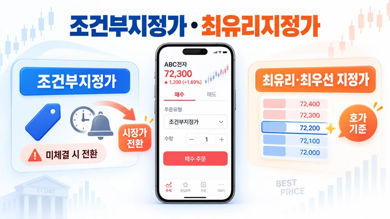 조건부지정가의 미체결 시 시장가 전환과 최유리·최우선 지정가의 호가 기준 체결 방식을 주식 주문 화면으로 설명한 이미지