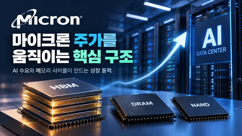 AI 데이터센터의 서버와 HBM·DRAM·NAND 메모리 칩을 통해 마이크론 주가를 움직이는 핵심 구조를 표현한 이미지