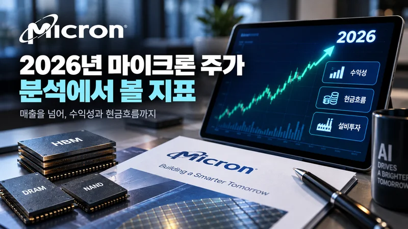 HBM·DRAM·NAND 메모리와 상승 차트를 통해 2026년 마이크론 주가 분석의 수익성·현금흐름·설비투자 지표를 표현한 이미지