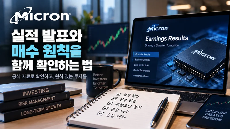 마이크론 실적 자료가 표시된 노트북과 투자 원칙 체크리스트를 통해 실적 확인과 분할 매수·손실 관리의 중요성을 표현한 이미지