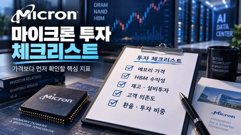 마이크론 반도체와 투자 체크리스트를 통해 메모리 가격·HBM 수익성·재고·설비투자·환율 등 핵심 투자 지표를 표현한 이미지