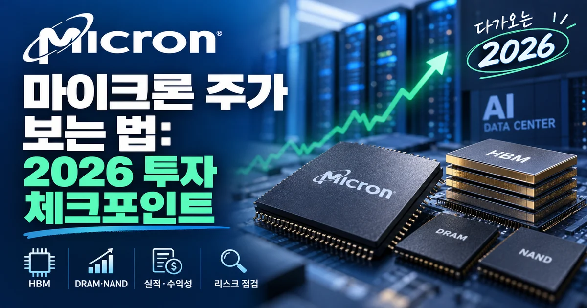 AI 데이터센터와 HBM·DRAM·NAND 반도체를 배경으로 2026년 마이크론 주가 투자 체크포인트를 표현한 이미지