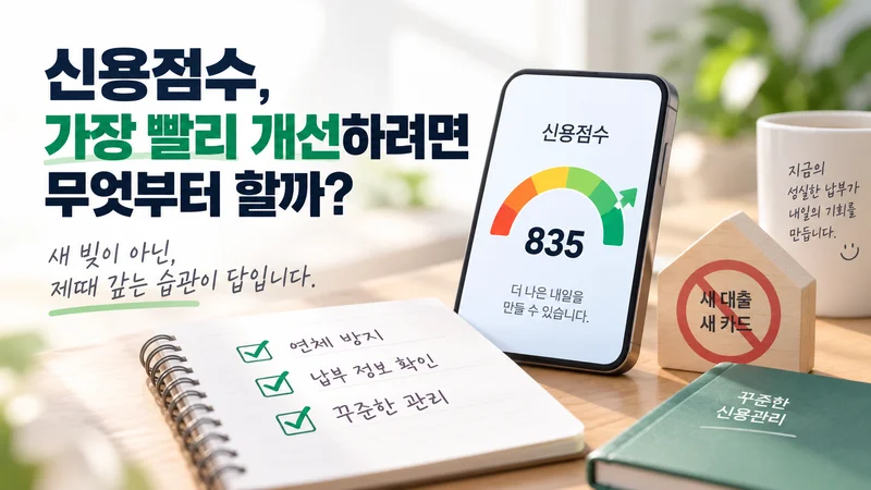 신용점수 835점 화면과 새 대출·새 카드 금지 표시, 연체 방지와 납부정보 확인 등 신용점수 개선의 우선순위를 보여주는 이미지