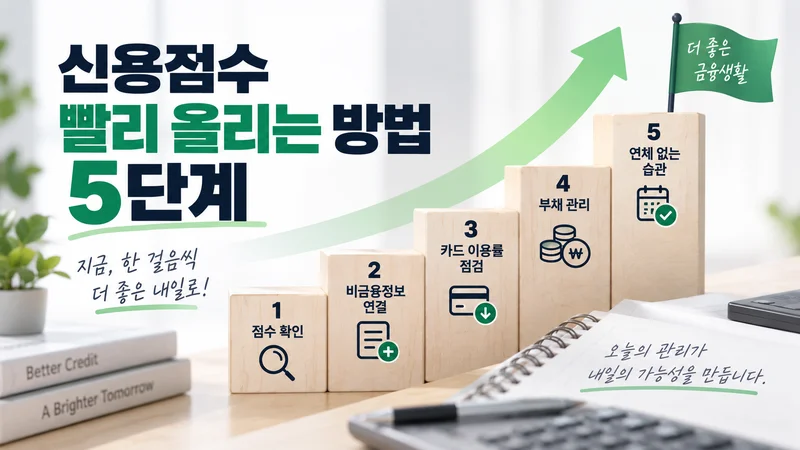 신용점수를 빠르게 올리기 위한 점수 확인, 비금융정보 연결, 카드 이용률 점검, 부채 관리, 연체 없는 습관의 5단계를 계단 형태로 보여주는 이미지