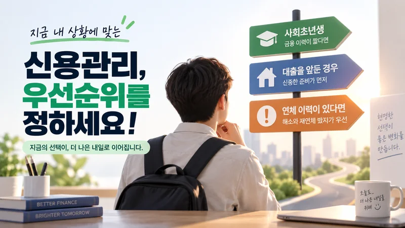 사회초년생, 대출 예정자, 연체 이력 보유자별 신용관리 우선순위를 갈림길 이정표로 표현한 이미지
