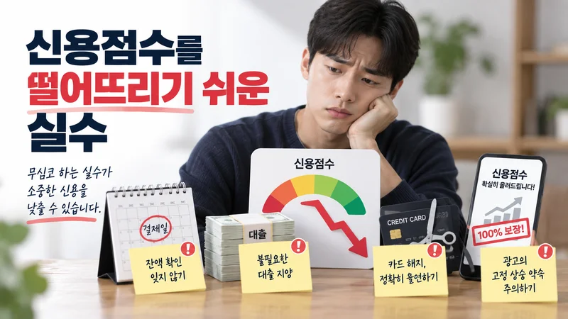 신용점수 하락 화살표와 함께 잔액 미확인, 불필요한 대출, 무분별한 카드 해지, 고정 점수 상승 광고 등 신용점수를 떨어뜨리기 쉬운 실수를 보여주는 이미지