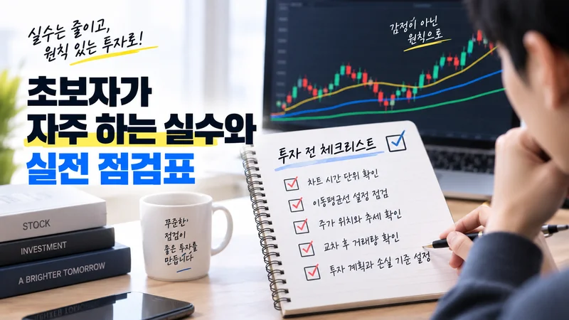 투자자가 이동평균선 차트와 투자 전 체크리스트를 함께 점검하며 초보자의 실수를 줄이는 모습을 표현한 이미지