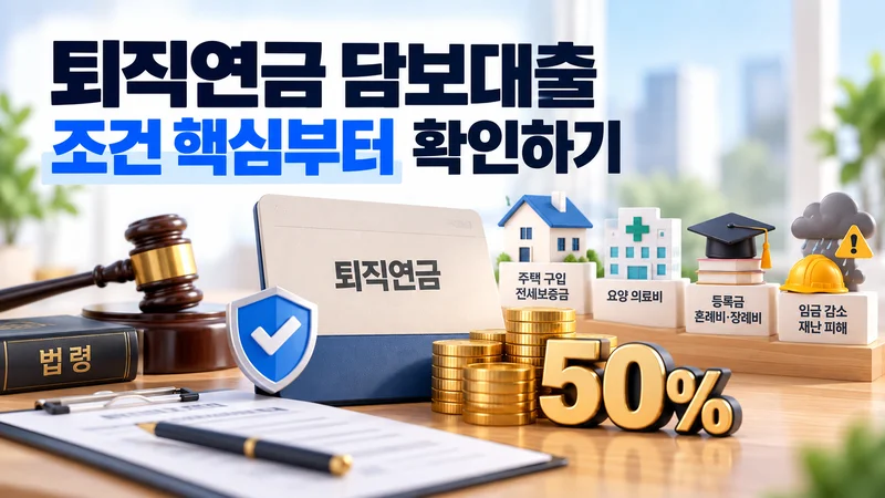 주택·의료·교육·재난 등 퇴직연금 담보대출의 법정 사유와 적립금 50% 한도를 보여주는 이미지