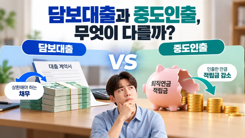 퇴직연금 담보대출은 상환할 채무가 생기고 중도인출은 인출한 만큼 적립금이 감소하는 차이를 비교한 이미지