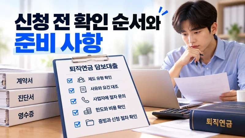 퇴직연금 담보대출 신청 전 제도 유형과 자격 요건, 한도·비용, 증빙서류를 확인하는 모습을 표현한 이미지