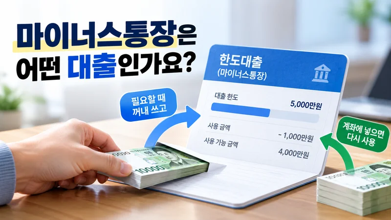 마이너스통장이 한도 안에서 필요한 금액을 꺼내 쓰고 상환하면 다시 사용할 수 있는 한도대출임을 보여주는 이미지