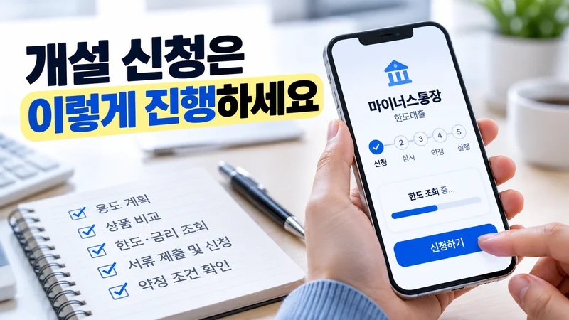 마이너스통장 개설을 위해 용도 계획부터 상품 비교, 한도·금리 조회, 서류 제출과 약정 확인까지 진행하는 모습을 보여주는 이미지