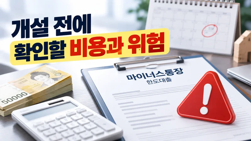 마이너스통장 개설 전 금리와 만기, 부대비용, 연체와 상환 위험을 확인해야 함을 경고 표지와 대출 서류로 표현한 이미지