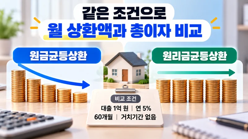 원금균등과 원리금균등 상환 방식의 월 납입액과 총이자를 비교한 표