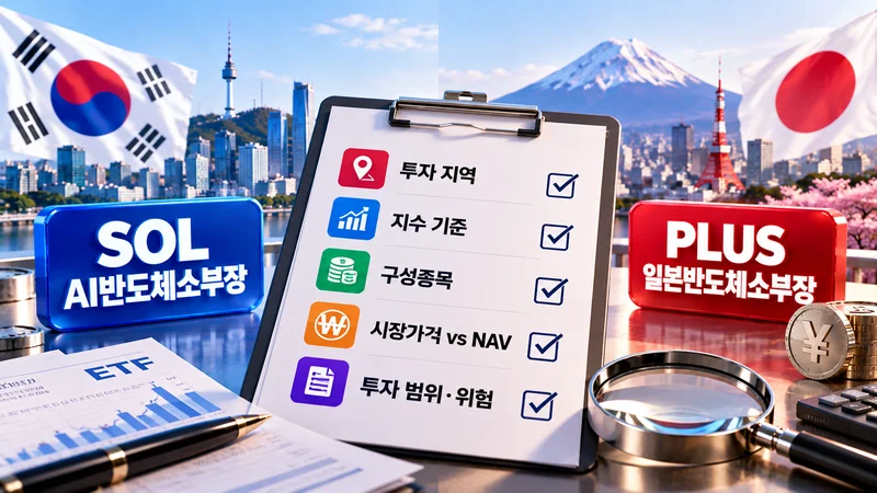 투자자가 두 ETF의 투자 지역과 구성 종목, 시장가격과 순자산가치를 비교하는 모습