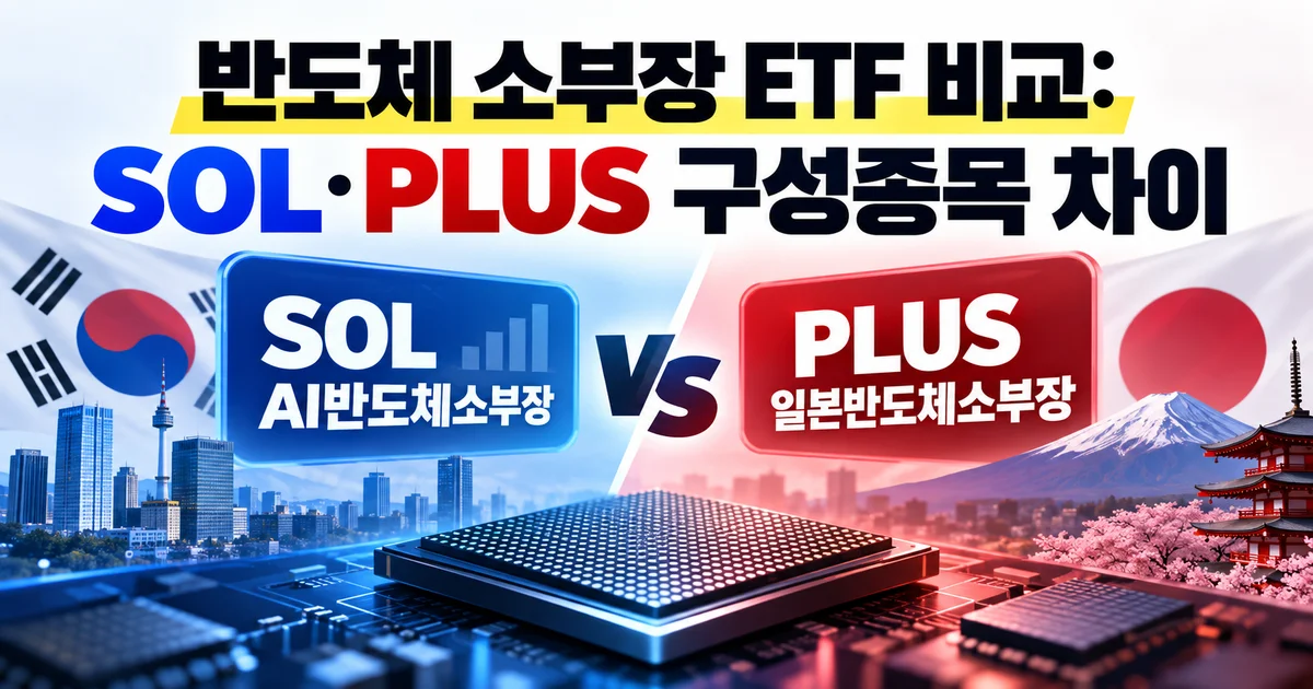 한국과 일본의 반도체 산업을 배경으로 SOL AI반도체소부장과 PLUS 일본반도체소부장을 비교한 ETF 썸네일 이미지