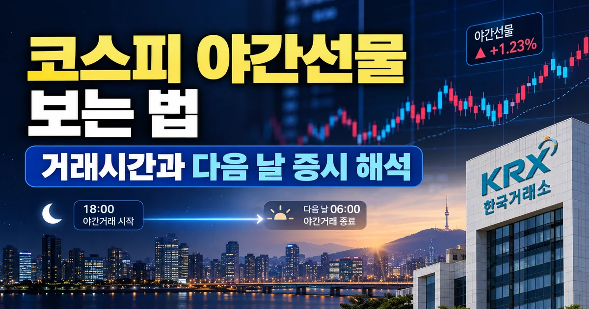 밤하늘 아래 코스피200 선물 가격 흐름과 새벽 거래 시간을 보여주는 편집 일러스트