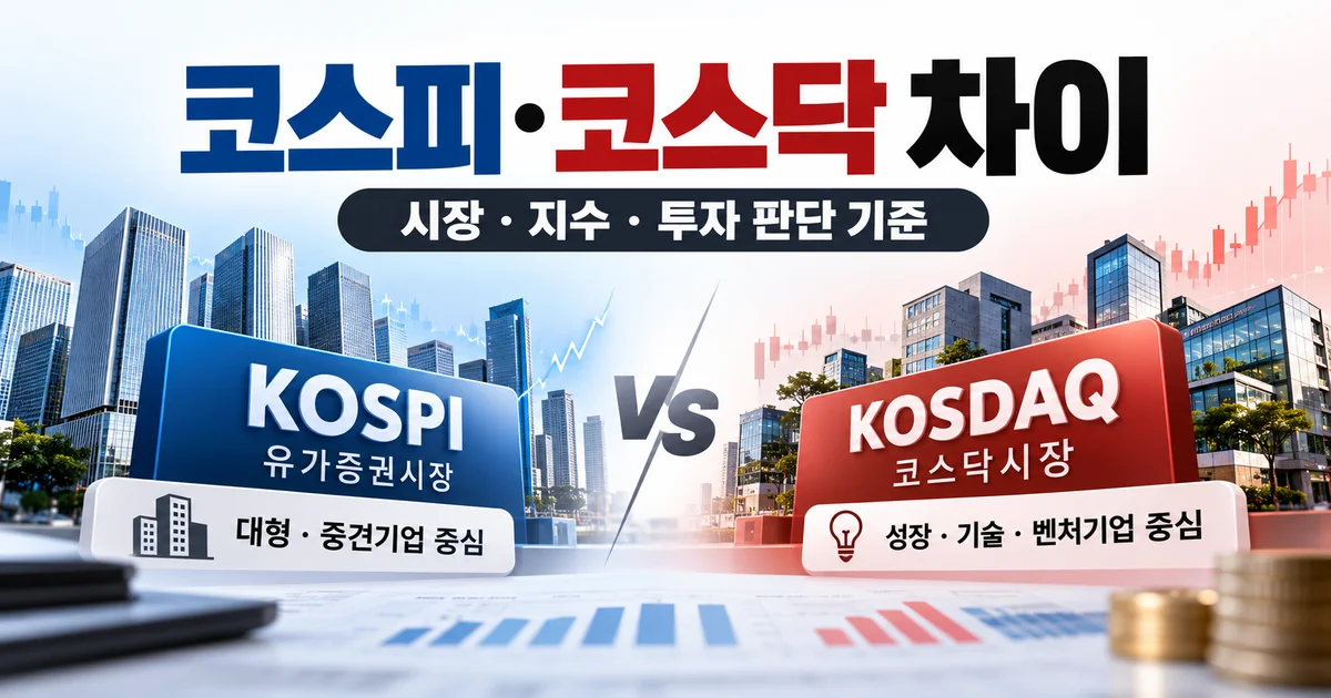 코스피와 코스닥 시장 흐름을 상징하는 두 갈래 주식시장 안내판과 지수 그래프
