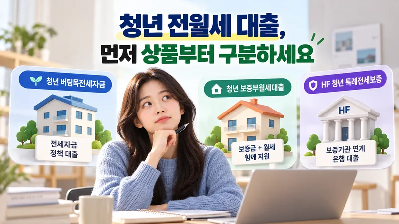 청년이 전세자금 대출과 보증부월세 대출의 조건을 비교하는 모습
