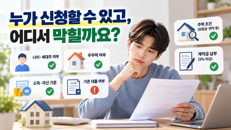 한 사람이 임대차계약서와 대출 서류를 살펴보며 주택 요건과 가족의 자격을 확인하는 모습