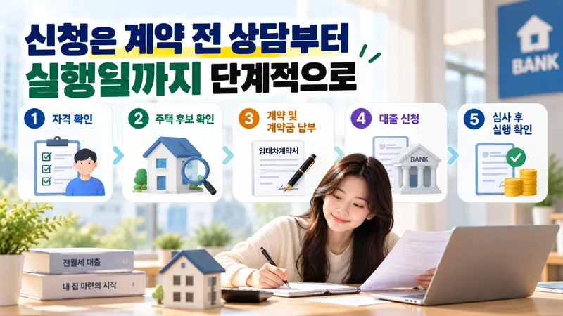 청년이 전세자금 대출 자격과 주택을 확인하고 신청부터 실행까지 절차를 살펴보는 모습