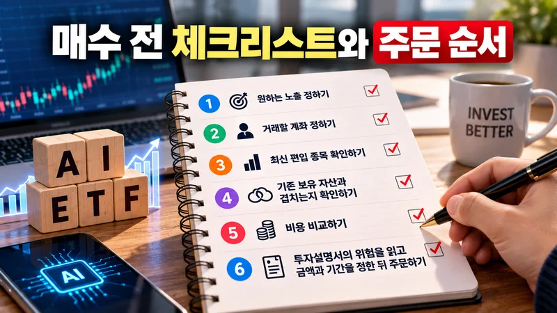 투자자가 AI ETF의 편입 종목과 비용, 위험을 비교해 상품을 고르는 모습